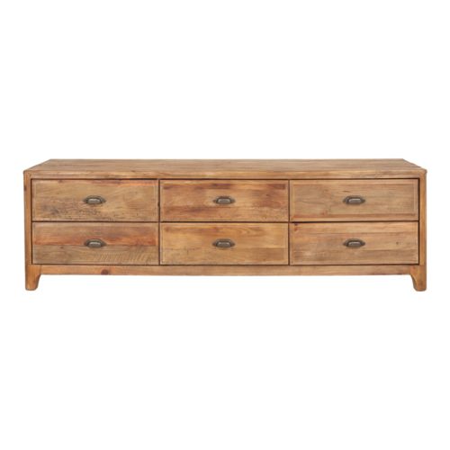 DANUVE WOODEN DRESSER perfect as a TV cabinet, with 6 drawers, made of recycled pinewood. Find it on MisterWils. More than 4000sqm of showroom and warehouse.1