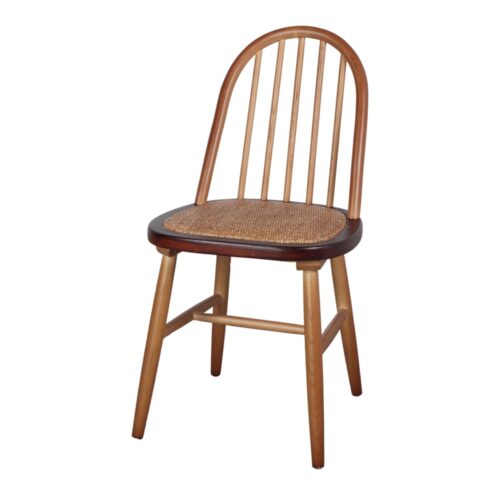 APPLE WOODEN CHAIR Windsor/ Ercol style, made of solid elm tree wood. Seat upholstered in natural rattan.