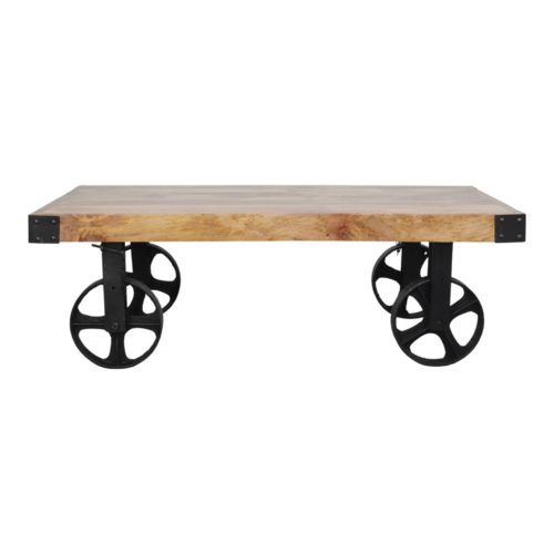 COLINS WOODEN COFFEE TABLE with forged iron wheels. Find it on MisterWils. More than 4000sqm of showroom and warehouse. 1