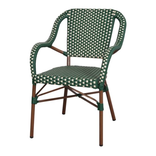MINARET OUTDOOR CHAIR Bistro style, frame made of aluminium imitating bamboo, seat and backrest made of synthetic rattan. Find it on MisterWils.