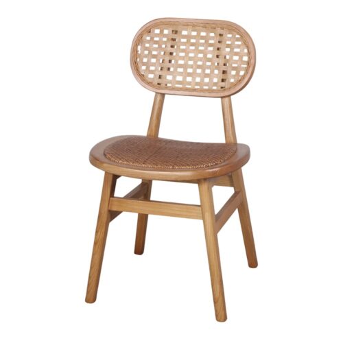KOLLUR WOODEN CHAIR Nordic style, made of solid elm tree wood with seat made of natural rattan, and enea grid backrest. Find it on MisterWils. 3/4