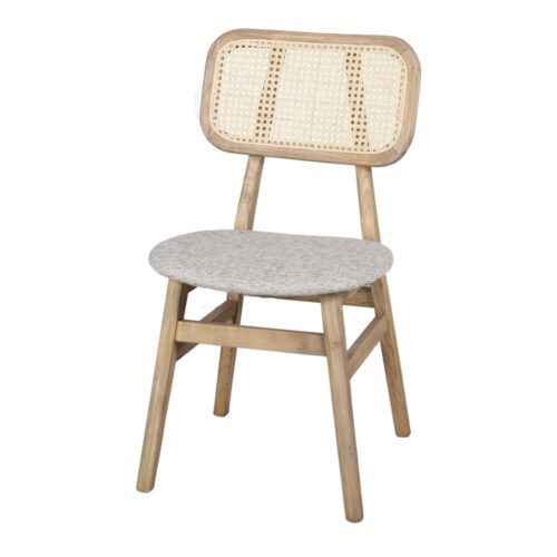 BORIS WOODEN CHAIR Vintage-Bistro style, upholstered in fabric with bulrush backrest. Find it on MisterWils. More than 4000sqm of showroom and warehouse.