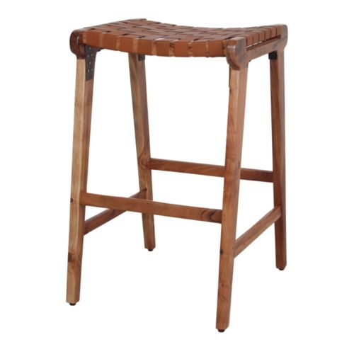GOTZO WOODEN AND LEATHER HIGH STOOL. Frame made of acacia wood, seat in leatherette. Find it on MisterWils. 1
