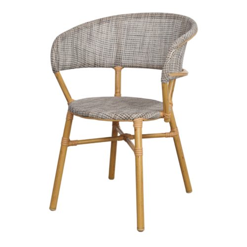 PROPER OUTDOOR CHAIR Bistro style, frame made of aluminium imitating bamboo, seat and backrest upholstered in textilene. Find it on MisterWils. 1