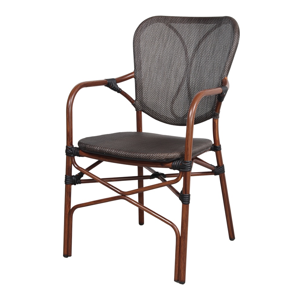 SILLA DE EXTERIOR DUBAI de estilo Bistró. Estructura de aluminio imitación a bambú, asiento y respaldo tapizado en textilene color negro. 1