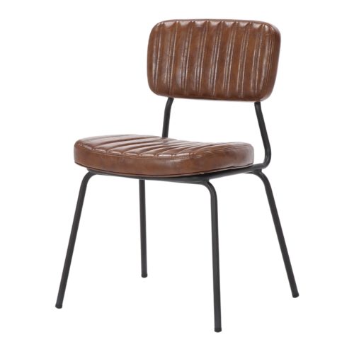 CAROLO LEATHERETTE CHAIR Industrial style. Frame made of steel with black finishing. Seat and backrest upholstered in brown leather. Find it on MisterWils.
