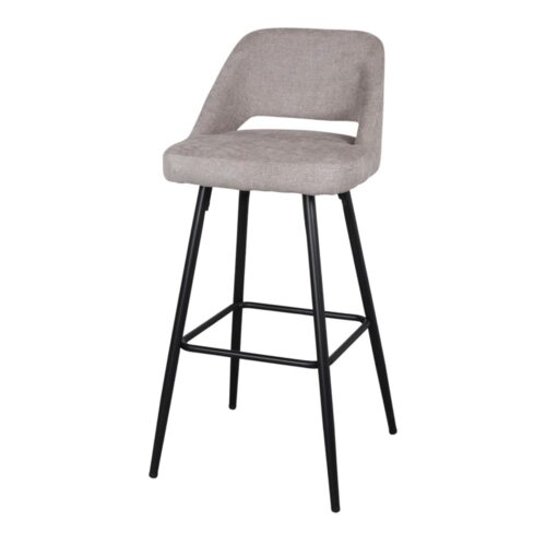 BANGASY UPHOLSTERED HIGH STOOL Mid Century style. Metal frame finished in black paint. Seat and backrest upholstered in fabric. Find it on MisterWils. 3/4