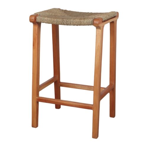 SANDY WOODEN HIGH STOOL made of mango wood and natural palm leaf. 1