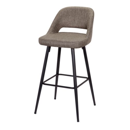 BANGASY UPHOLSTERED HIGH STOOL Mid Century style. Metal frame finished in black paint. Seat and backrest upholstered in fabric. Find it on MisterWils. 3/4