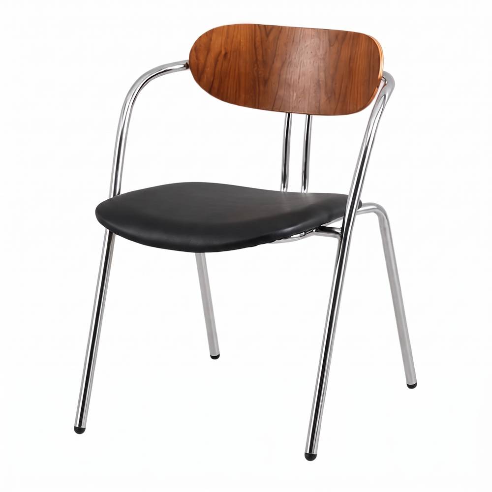 Silla de metal y madera Bexley, de estilo Mid-Century. Estructura de acero acabado en cromo. Respaldo de contrachapado en color nogal. Asiento tapizado en PU.
