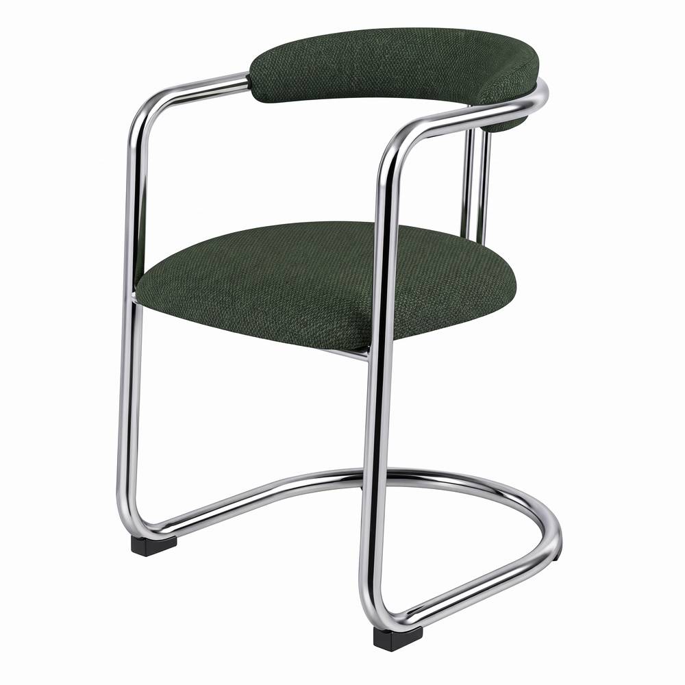 HARLOW UPHOLSTERED METAL CHAIR in contemporary style, featuring a chrome-finished steel frame and elegant forest green fabric upholstery