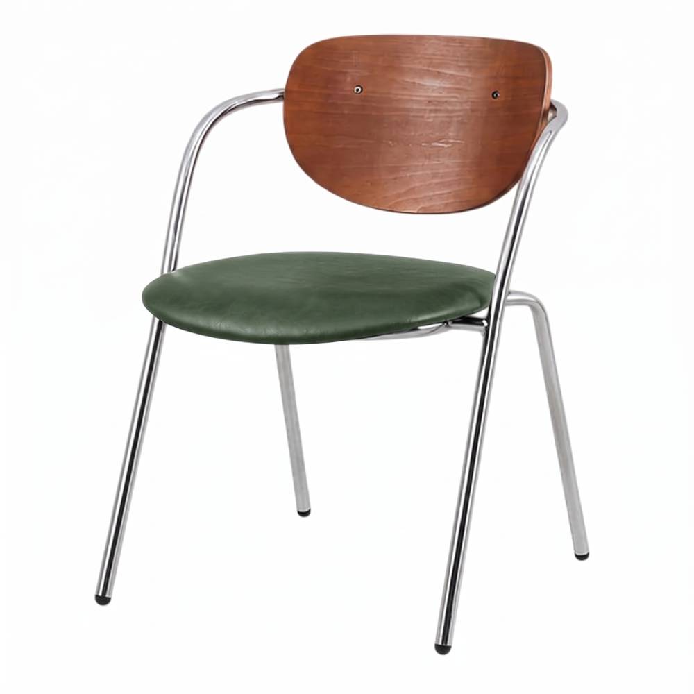 LANGLEY UPHOLSTERED METAL CHAIR in Mid-Century style, featuring a chrome-plated steel frame, a plywood backrest with walnut veneer and a seat upholstered in black fabric