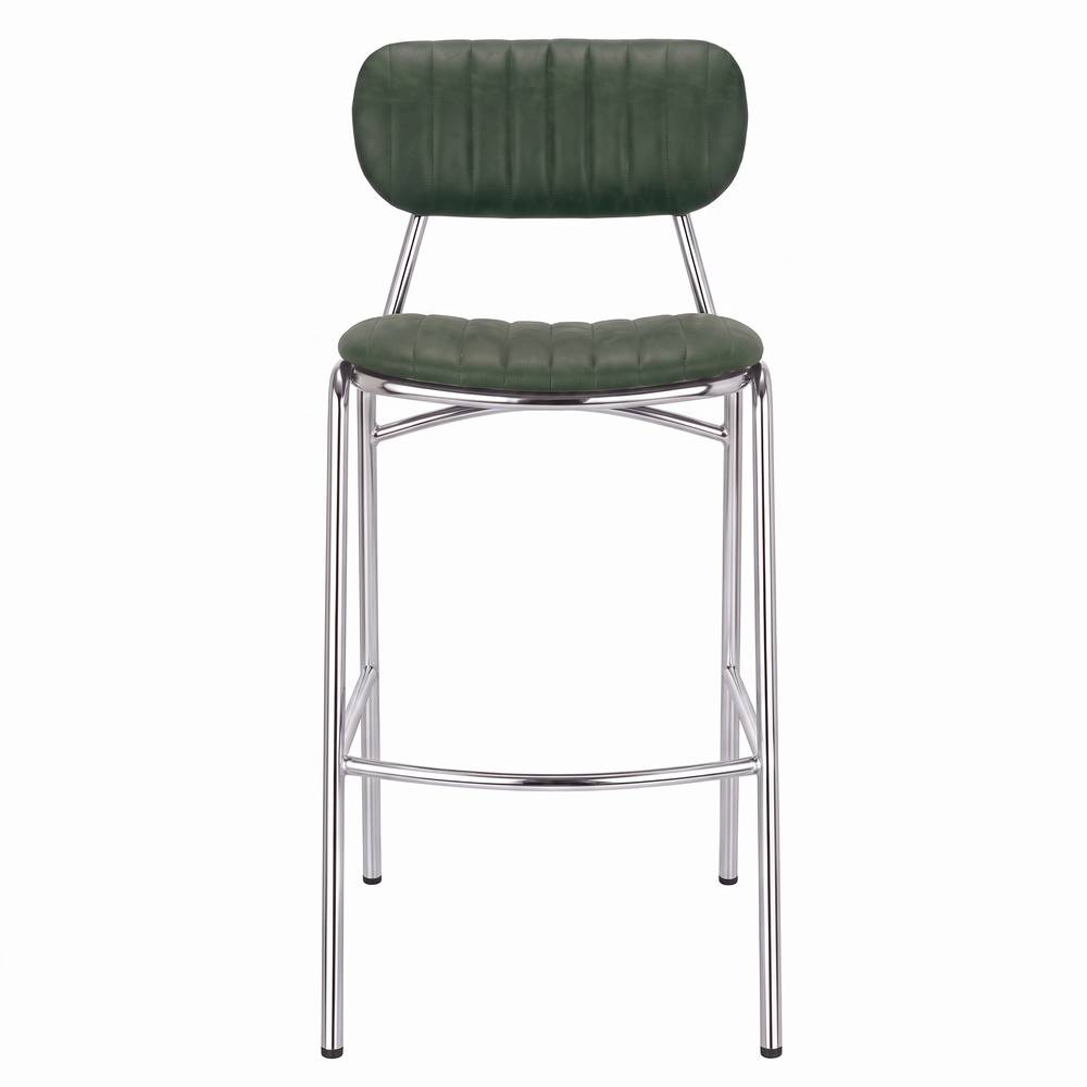 Taburete alto de metal Ludlow, de estilo industrial. Estructura de acero con acabado color cromo. Asiento y respaldo tapizados en polipiel de color verde. frontal