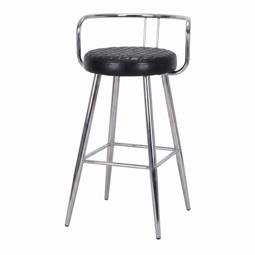 Taburete alto de metal y piel Biko, estilo Vintage Estructura tubular de acero (patas de aguja) acabada en cromo. Asiento tapizado en piel cosida a rombos.