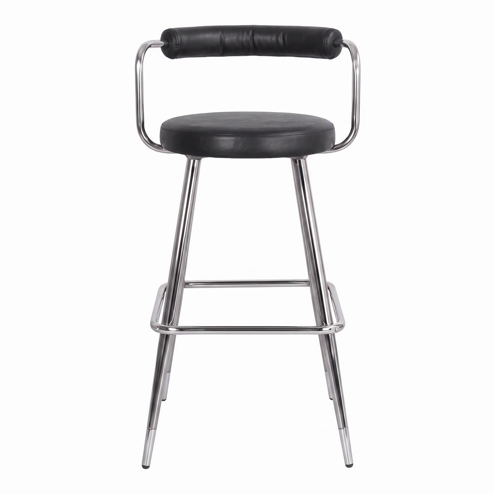 Taburete alto de metal y piel Dessau, estilo Vintage Estructura tubular de acero (patas de aguja) acabada en cromo. Asiento y respaldo de piel. frontal