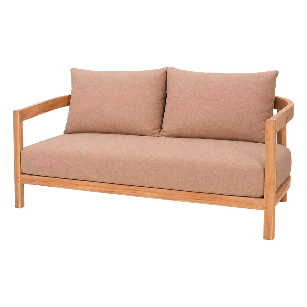 Banco de madera Simonetta, de estilo Mediterráneo.
Estructura de madera maciza de teka con acabado natural.
Cojines tapizados en textil color tostado.