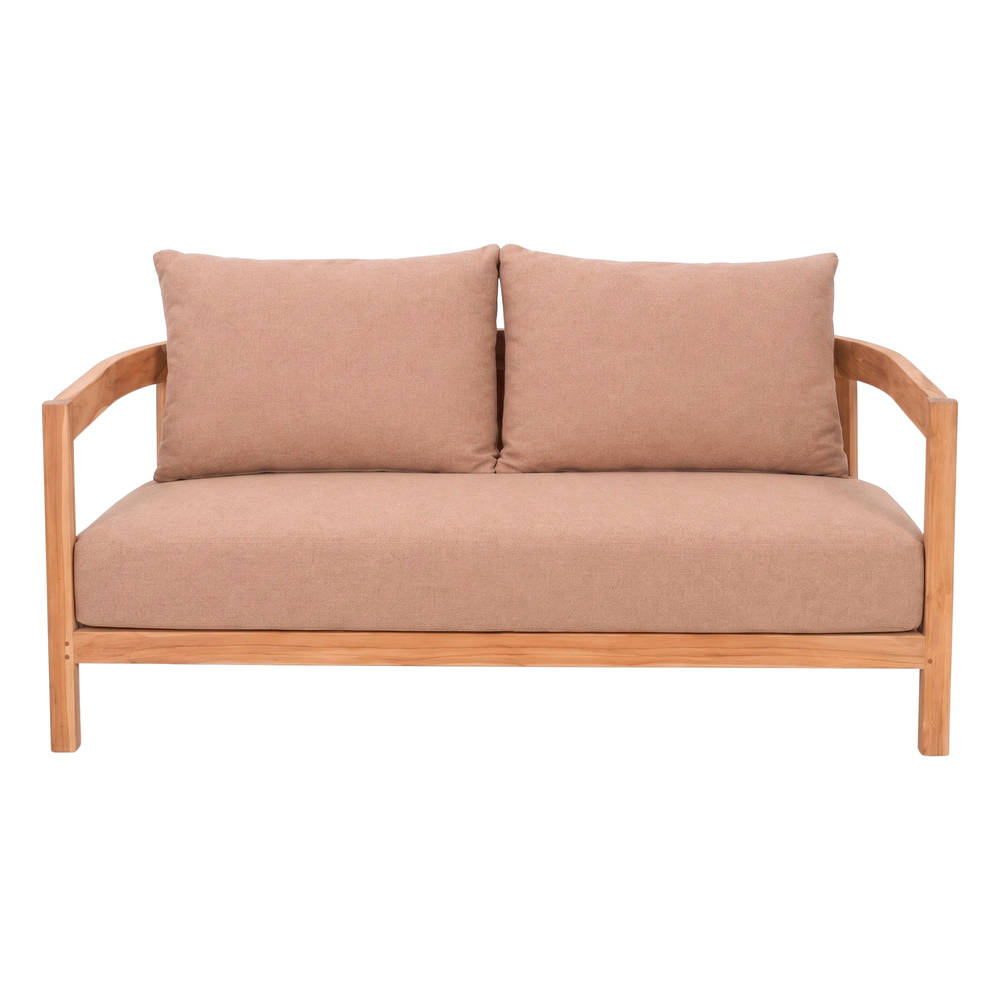 Banco de madera Simonetta, de estilo Mediterráneo.
Estructura de madera maciza de teka con acabado natural.
Cojines tapizados en textil color tostado. frontal