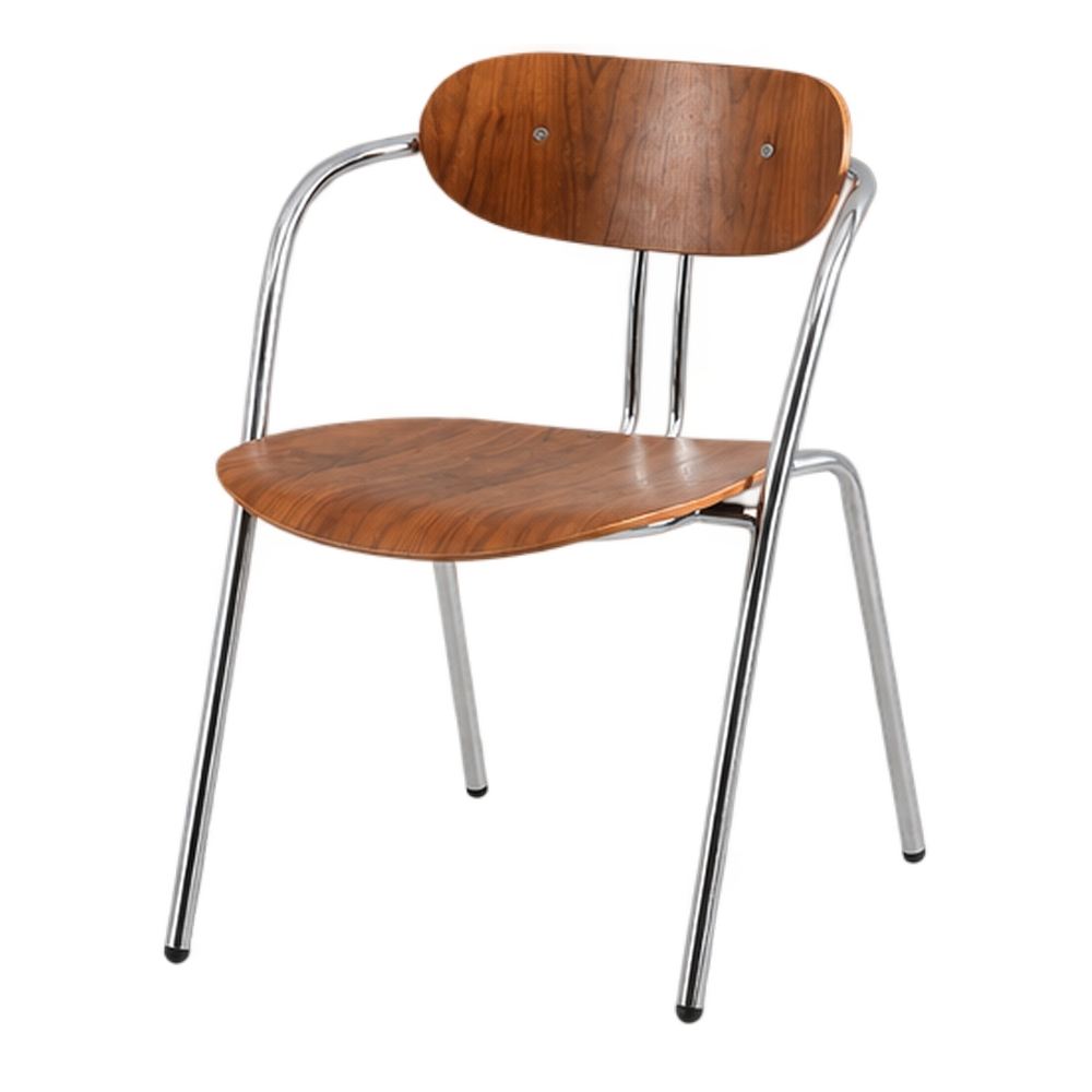 SILLA DE METAL Y MADERA BEXLEY estilo Mid Century con estructura tubular de acero cromado y asiento y respaldo de contrachapado en color nogal.
