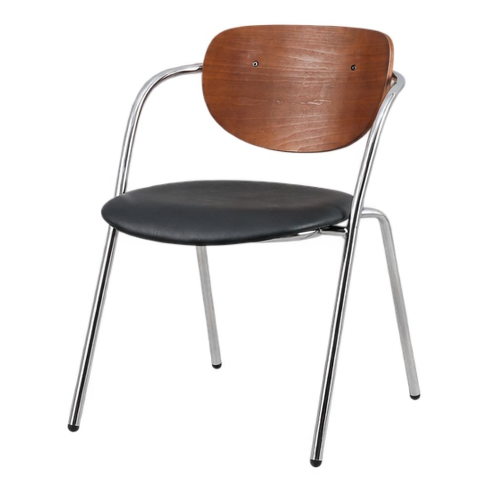 LANGLEY UPHOLSTERED METAL CHAIR in Mid-Century style, featuring a chrome-plated steel frame, a plywood backrest with walnut veneer and a seat upholstered in black fabric