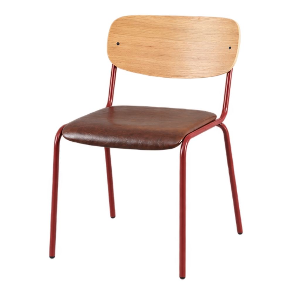 SILLA DE METAL Y MADERA WHITBY estilo Industrial con estructura de acero en color rojo, respaldo de contrachapado en tono natural y asiento tapizado en color tabaco.
