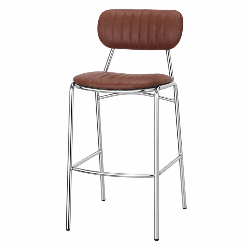 TABURETE ALTO DE METAL LUDLOW estilo Industrial con una estructura de acero de acabado cromado y un tapizado en polipiel de color marrón 1