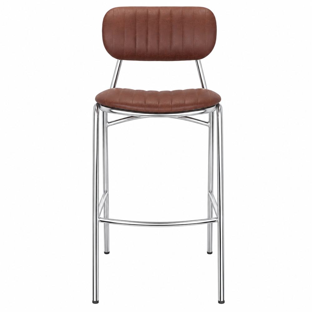 TABURETE ALTO DE METAL LUDLOW estilo Industrial con una estructura de acero de acabado cromado y un tapizado en polipiel de color marrón 2